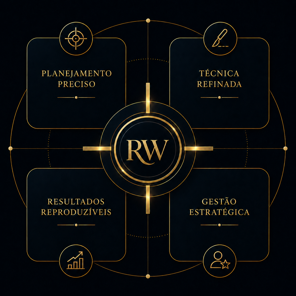 Diagrama do Método RW: planejamento preciso, técnica refinada, resultados reproduzíveis, gestão estratégica